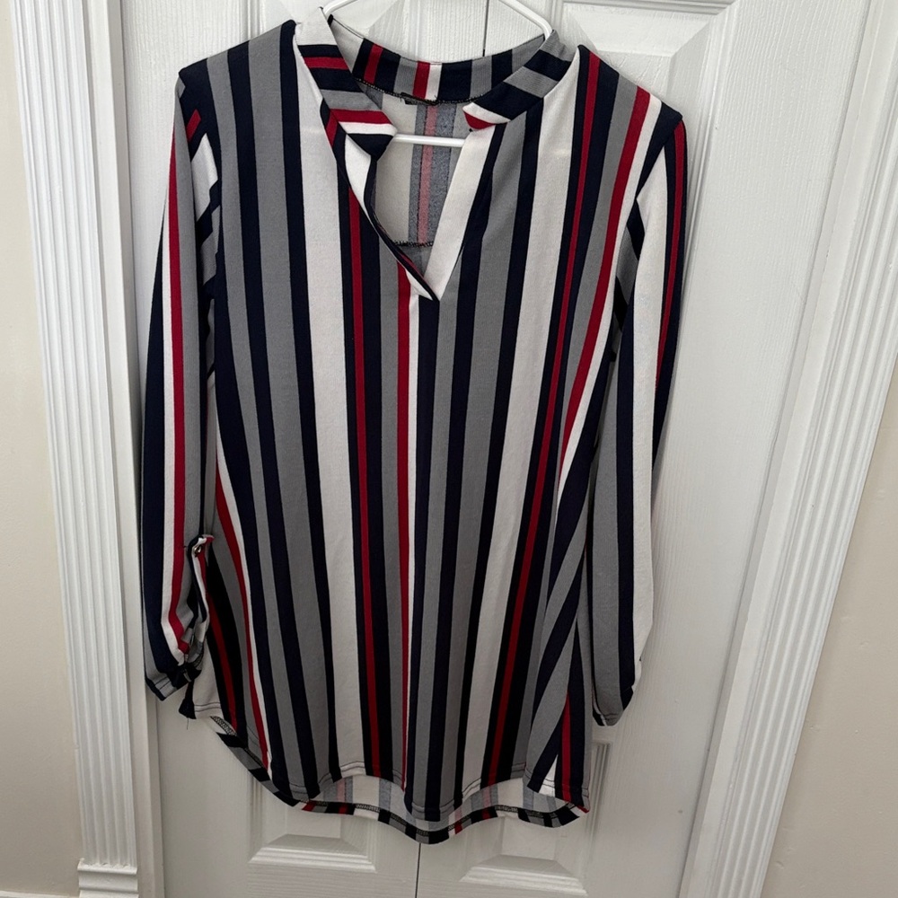Striped Long Sleeve Blouse - Red, Blue, White